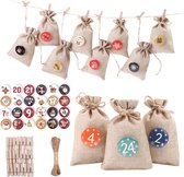 MOZY - #4 Sacs de calendrier de l'Avent DIY - 24 sacs en jute - Boutons - Multicolore - Comprend des piquets et une corde - Calendrier de l'Avent à remplir soi-même - Décoration de Noël - Noël - Cadeau de Noël - Compte à rebours de Noël