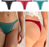 3 Pack - Dunne Dames String - Sexy Design met Kant - Zwart, Groen en Rood - Dames Lingerie / Ondergoed Set - Maat M
