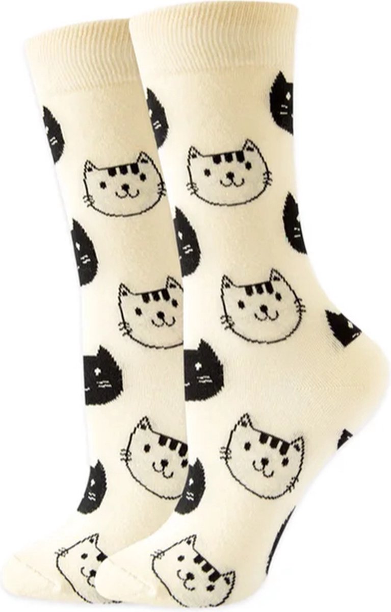Sokken Dames - wit - print zwarte kat - Maat 36-40
