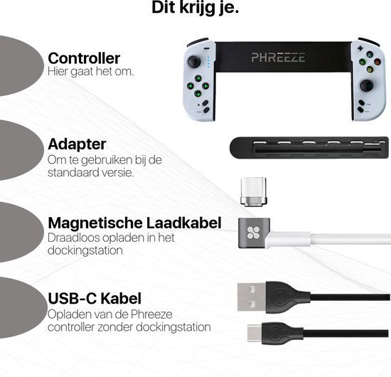 Inhoud van de doos: witte Phreeze controller, adapter, magnetische en USB-C kabel.