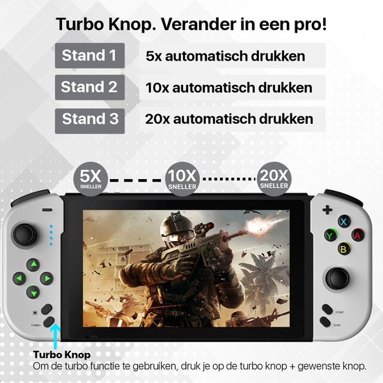 Witte Nintendo Switch controller met turbo knop en game op scherm.