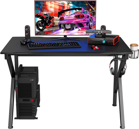 Gamingtafel 115 cm, K-vormige gamingtafel met hoofdtelefoonhaak en bekerhouder en kabelbeheer, ergonomische computertafel met verstelbare voeten, bureau pc-tafel voor e-sport, staal