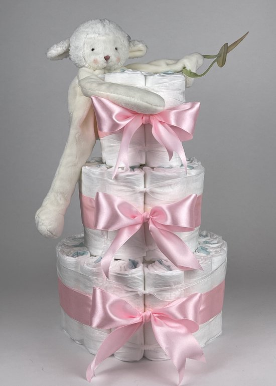Foto: Chouette chouette luiertaart meisje kraamcadeau geboorte meisje babyshower bunnies by the bay speenknuffel lammetje roze