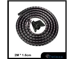 |Twinza®| Spiraal Kabelslang - Kabel Management Organizer Slang - Op Maat Te Knippen - Spiraalslang Met Rijgtool - 16mm 2M - Zwart