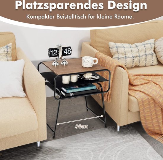 GIANTEX Bijzettafel met 2 niveaus, nachtkastje hout met metalen frame