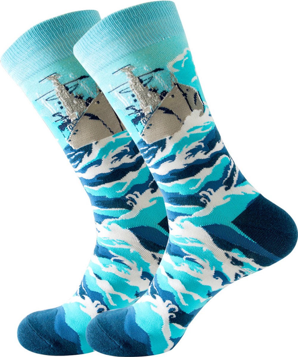 Heren sokken - blauw - leuke print boot / zee / schipper / ijsbreker - maat 40-46 - cadeau - voor hem