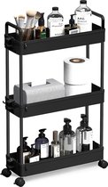 3-laags keukentrolley Smalle trolley Inbouwplank op wielen voor keuken, badkamer, wasruimte, slaapkamer, smalle ruimtes, plastic, met handvatten, 13 x 40 x 61 cm, zwart.