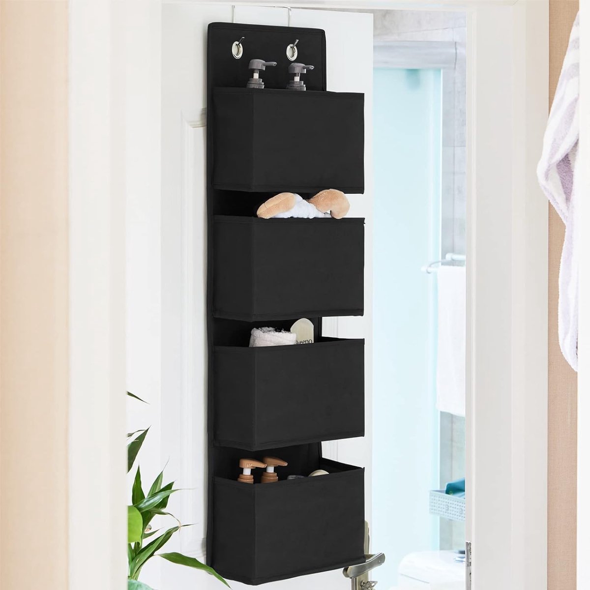 Organisateur Suspendu De Porte 5 Compartiments - Rangement Salle De Bain, Chambre, Tissu Respirant, Gris