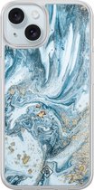 Casimoda® hoesje - Geschikt voor iPhone 15 - Marble Sea - 2-in-1 case - Schokbestendig - Marble design - Verhoogde randen - Blauw, Transparant