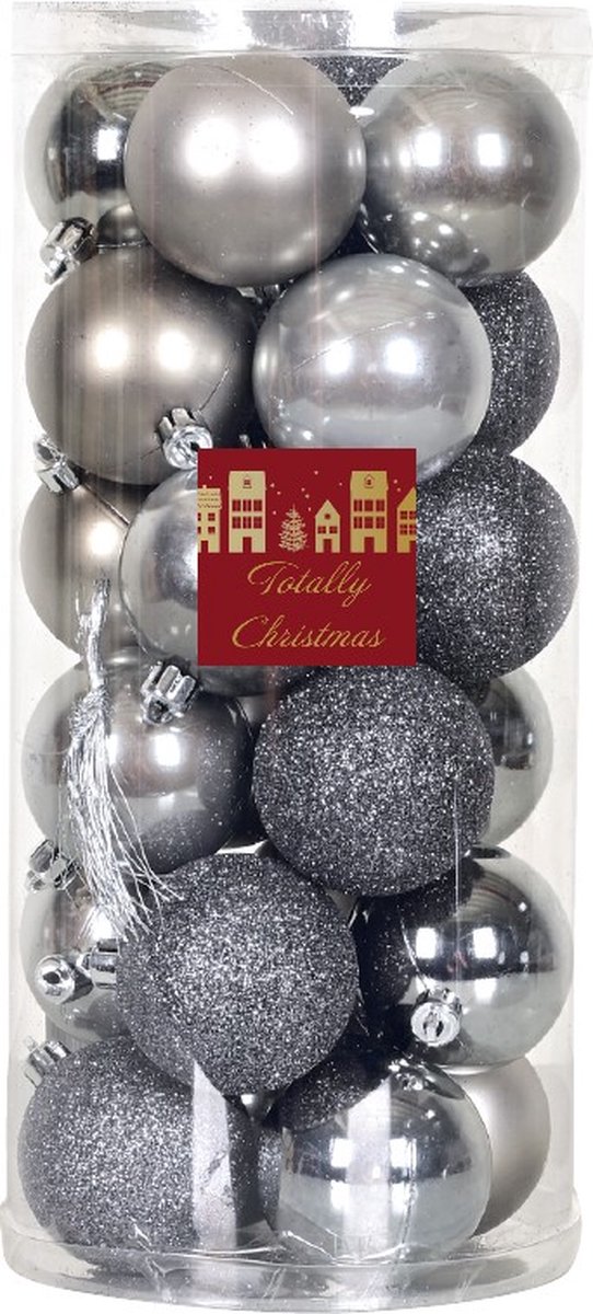 Totally Christmas | Kerstbal 6 cm | Kerstballen | Mix Koker | 24 stuks | Muis Grijs