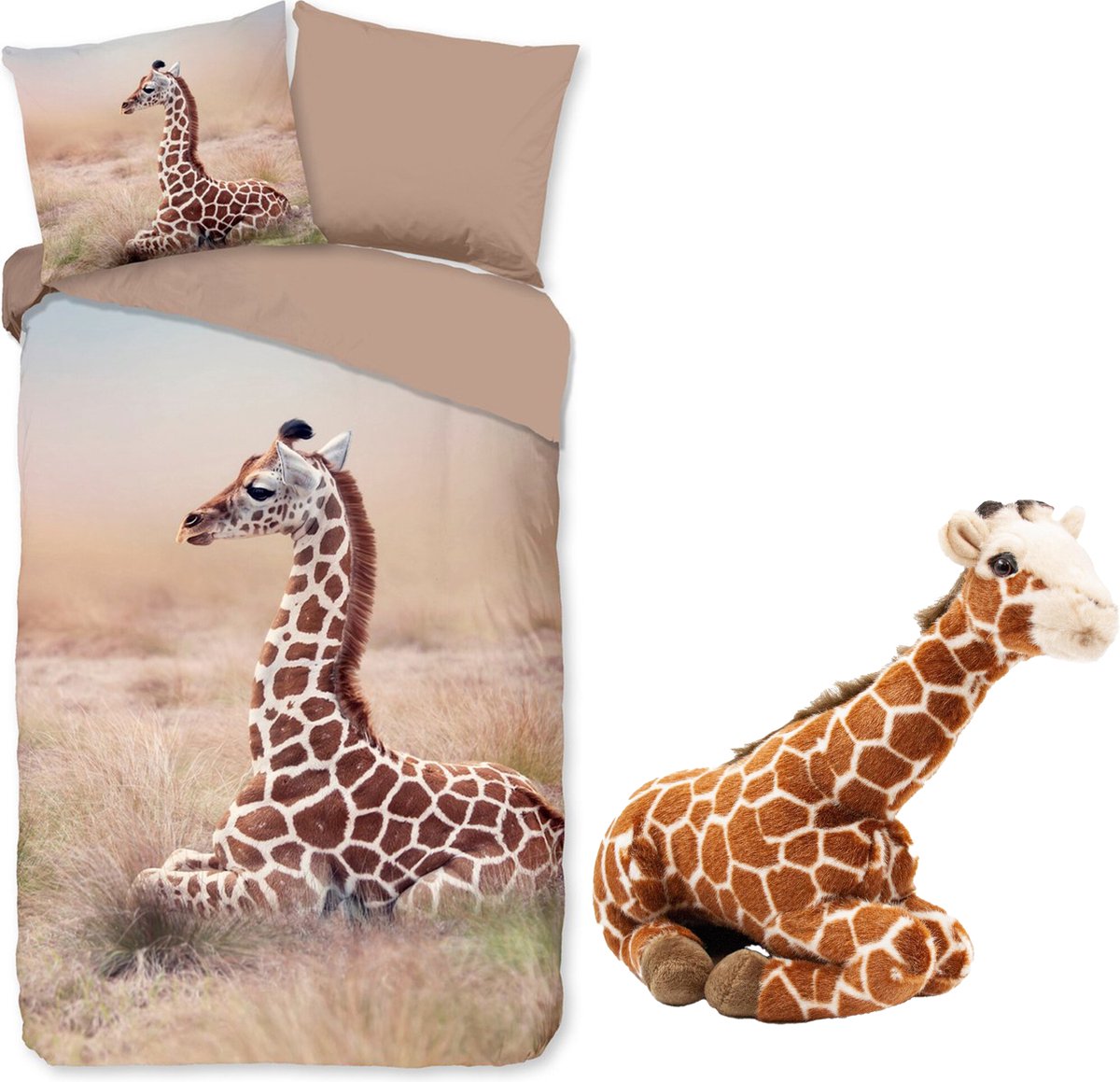Dekbedovertrek Giraffe- Beige bruin- Afrika- 140x200/220- Katoen- incl. pluche Giraffe knuffel 35 cm hoog!