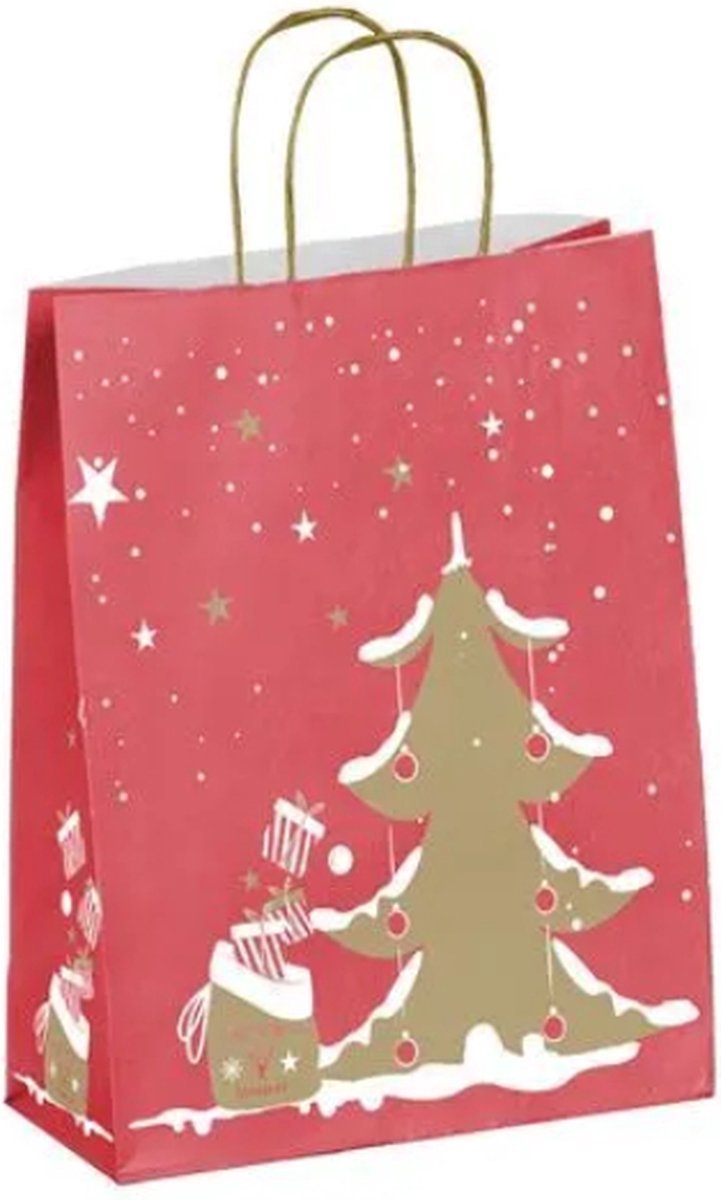 5 x Kerst draagtassen van kraftpapier gedraaide handvaten " Kerst Magie 26x12x32cm / papieren Kersttassen /Kersttasjes / Kerst verpakking