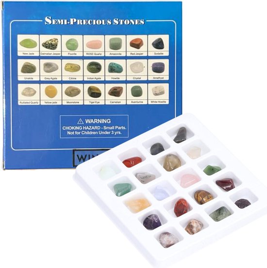 Doos met 20 'Semi-Precious Stones' en een wit bakje met daarin 20 geordende stenen.