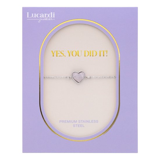Lucardi Dames Geslaagd cadeau - Stalen armband met rozenkwarts op kaartje - Armband - Staal - Zilverkleurig - 20 cm
