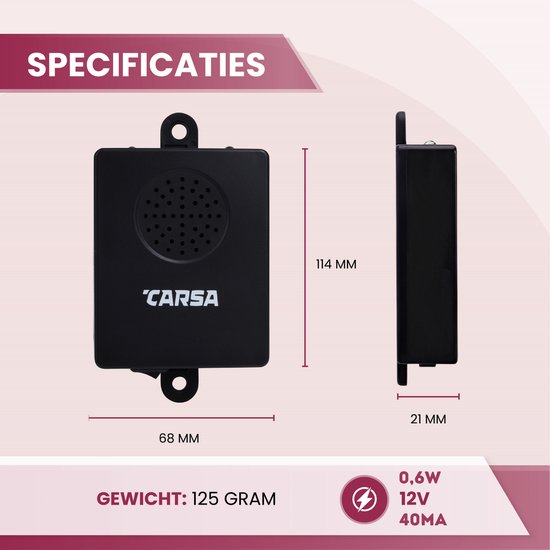 Zwarte Carsa marterverjager, frontaal en zijprofiel, met afmetingen 68x114x21 mm en gewicht 125 gram. Specificaties: 0.6W, 12V, 40mA.