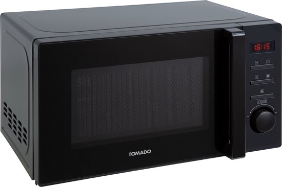 Micro-ondes noir indépendant Tomado avec porte vitrée et écran numérique.