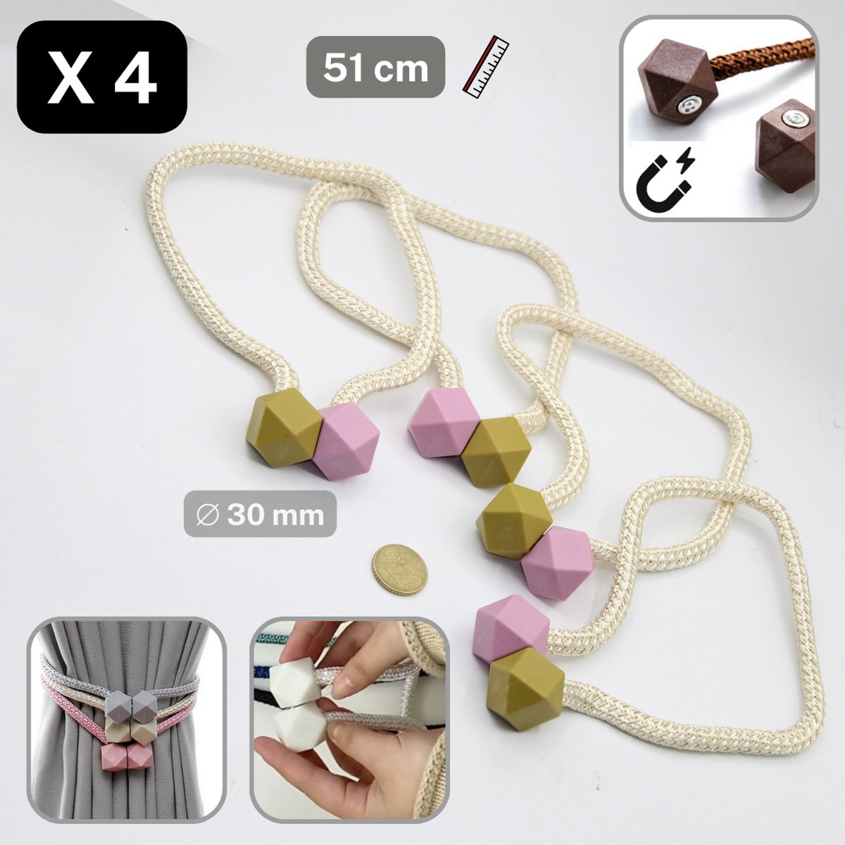 Set van 4 STUKS LUXE GORDIJNHOUDERS/EMBRASSES GORDIJN, MAGNETISCHE GORDIJNKOORD, Lengte 51CM, Kleur Koord ECRU, Kleur Magneten KAKI/LILA