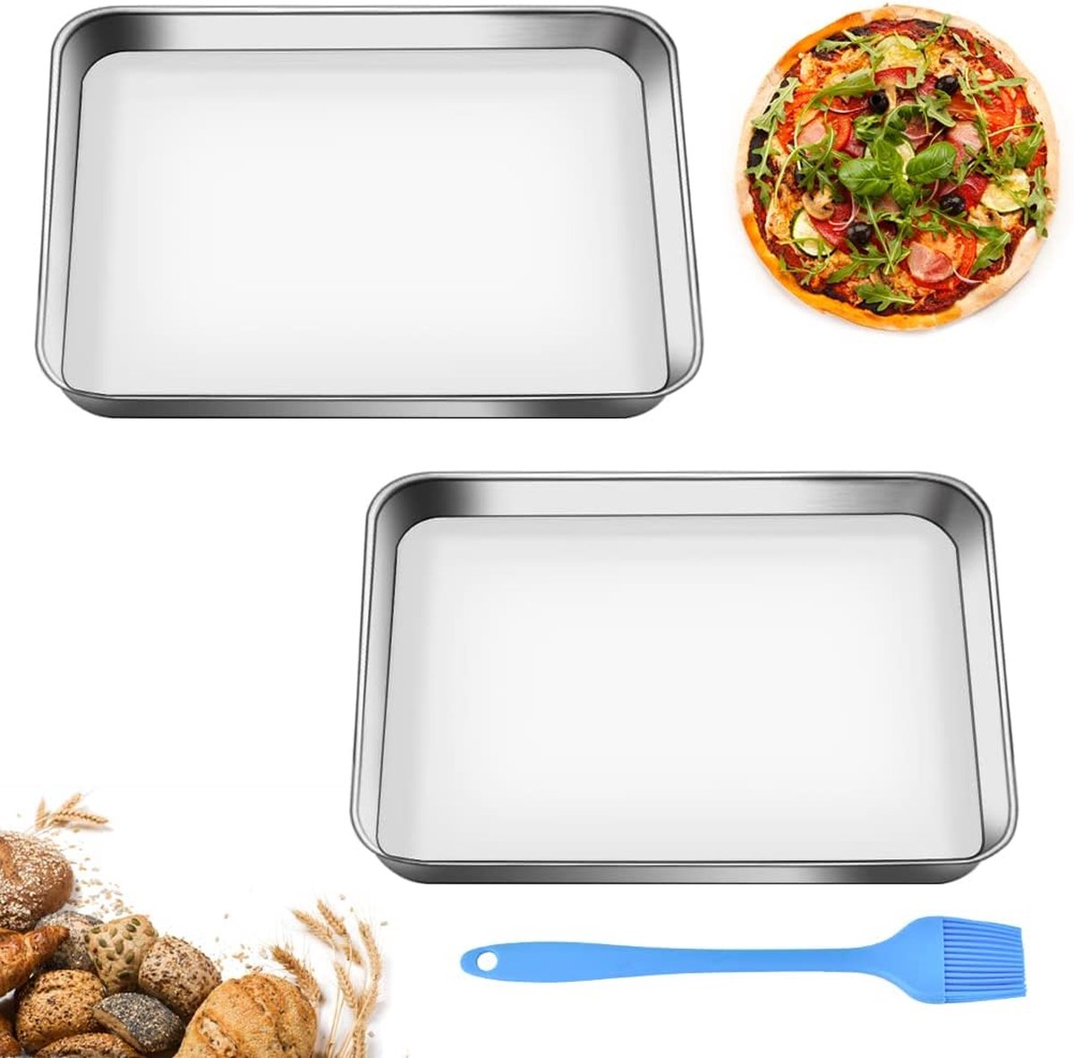 Set van 2 bakplaten, taartplaten, roestvrijstalen ovenschalen, ovenschaal, roestvrij staal, rechthoekig, vaatwasmachinebestendig, ovenschalen, 31 x 24 x 2,5 cm, lekbak, ovenschaal voor bakken en serveren, braden