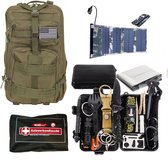 Survalval kit in militaire rugzak XL groen met EHBO-set en draagbaar zonnepaneel