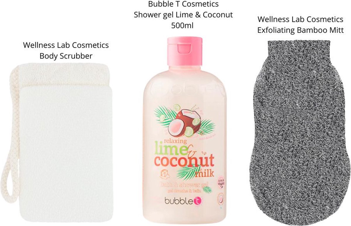 Bubble Tea Lime & Coconut Bad of Douche Gel | Wellness Lab Cosmetics | 3 delige set | Bad en Douche Gel | Exfolierende Bamboo Scrub Handschoen | Body Scrubber
