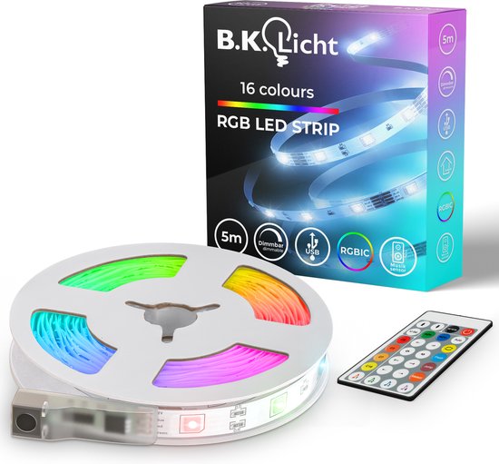 BK Licht - Bande LED RGBIC - 5 mètres - USB - capteur de musique - éclairage courant - avec télécommande - changement de couleur - auto-adhésif