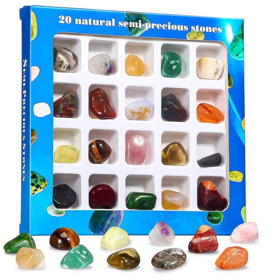 Collection de pierres précieuses - 20 pierres dans une boîte - Coffret cadeau avec cristaux et pierres précieuses