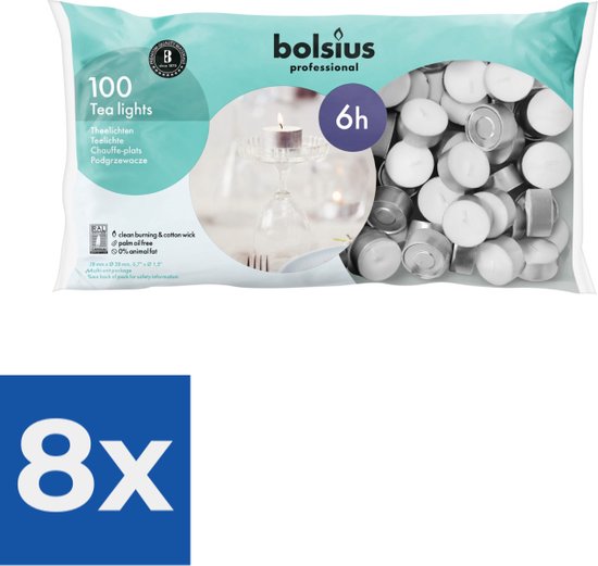 Bolsius Waxinelichtjes - 100 Stuks - Wit - theelichtjes - Voordeelverpakking 8 stuks