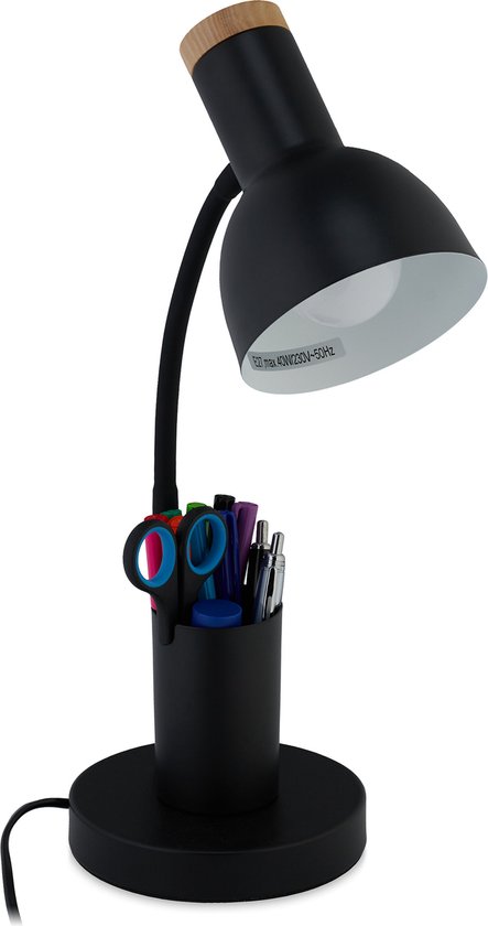 Relaxdays bureaulamp met pennenbak - zwarte tafellamp e27 - ronde leeslamp - nachtkastje