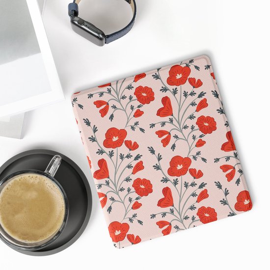 kwmobile e-reader hoesje geschikt voor Amazon Kindle Oasis 10. Generation hoes - E reader flip case met magnetische sluiting - Ereader cover - Klaprozen design in rood / groen / beige van Merkloos — afbeelding 5