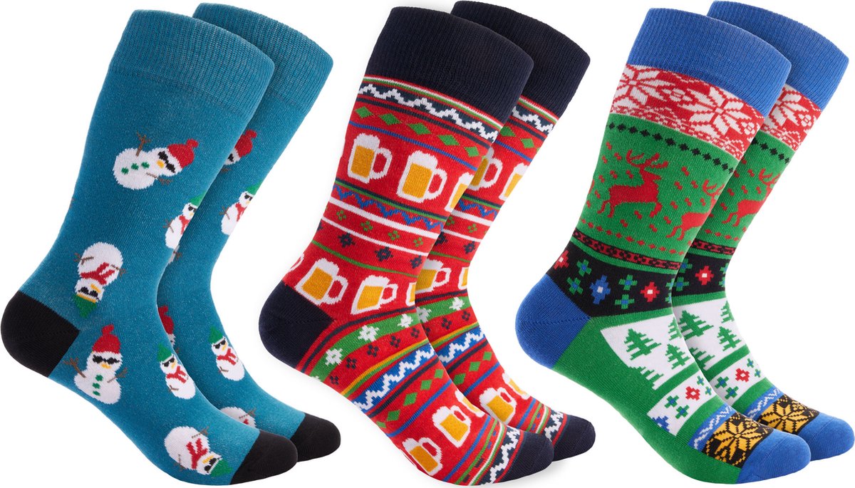 BRUBAKER 3 Paar Kerstsokken - Grappige Sokken Met Kerstmotieven - Katoen - Heren En Dames Cadeau Voor Kerstmis - Unisex Katoenen Sokken In One Size Maten