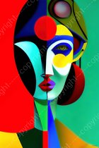 JJ-Art (Canvas) 120x80 | Vrouw abstract - kunst - surrealistische Picasso stijl - kleurrijk - woonkamer - slaapkamer | gezicht, blauw, rood, groen, geel, modern | Foto-Schilderij print (wanddecoratie) | KIES JE MAAT