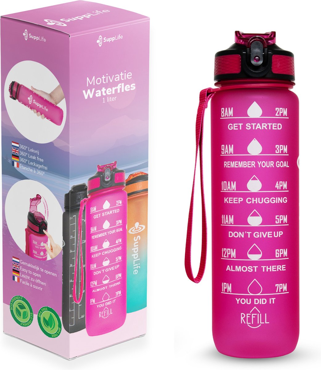 Supplife Bidon - 1 Liter - met Rietje - BPA Vrij - Roze - Inclusief Schoonmaakborstel