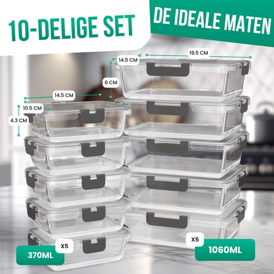 Avalo Boîtes de conservation Glas - Récipients de Prep de repas - Récipients de congélation - Avec couvercle - 10 pièces 1060 ml / 370 ml