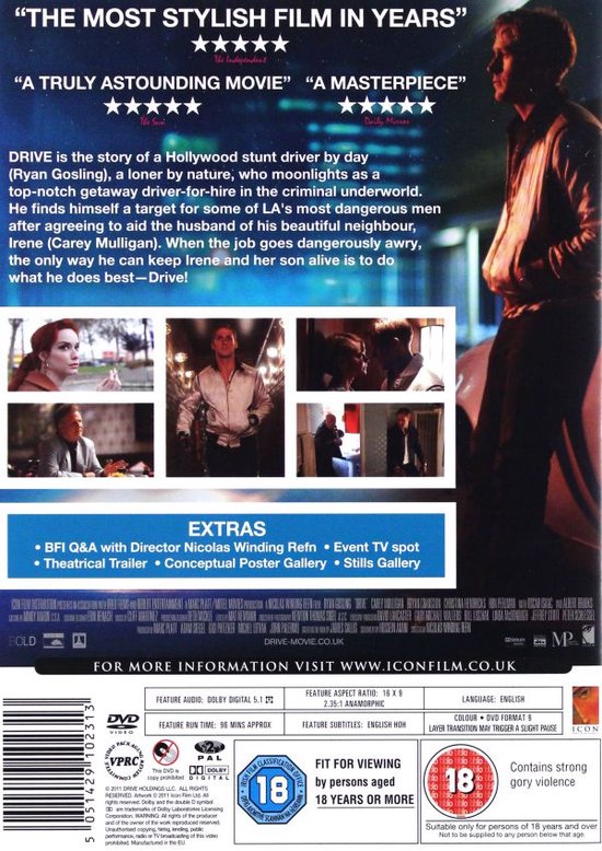 Achterkant van de DVD-hoes van Drive met Ryan Gosling. Bevat castinformatie en extra's.