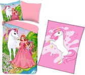 Dekbedovertrek Unicorn Prinses- Eenhoorn- 140x200/220- Katoen- roze- incl. warme fleece deken Unicorn roze - 150x200cm!