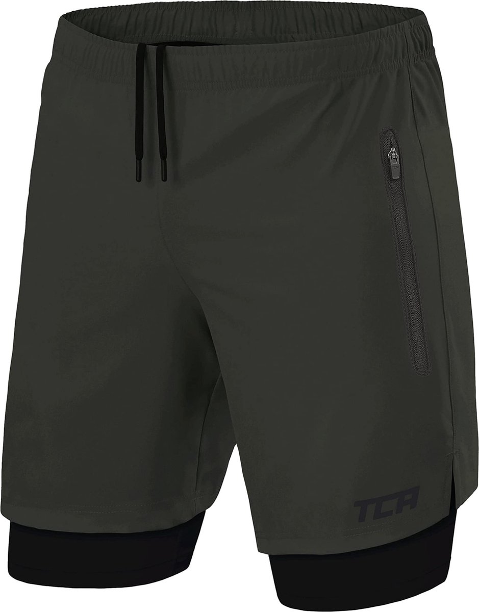 TCA Mannen Ultra 2 in 1 Hardloop Gym Shorts met Ritszakje - Groen (2x ritszakken), XXL