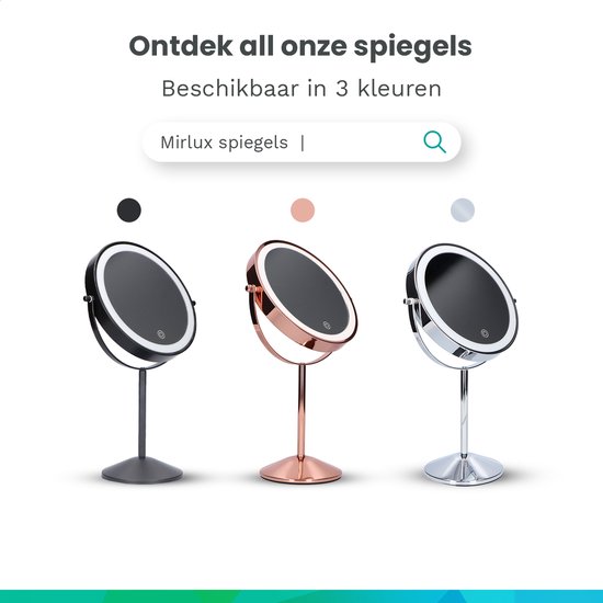 Drie make-up spiegels in het zwart, rosegoud en chroom.