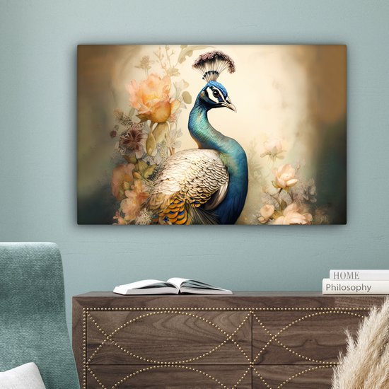 Tableau sur toile Paon - Plumes de paon - Fleurs - Vogels - Botanique - 180x120 cm - Décoration murale XXL