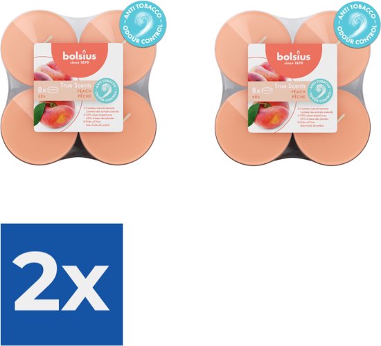 Bolsius Maxilichten clear cup True Scents Peach 8uur pak a 8 stuks - Voordeelverpakking 2 stuks