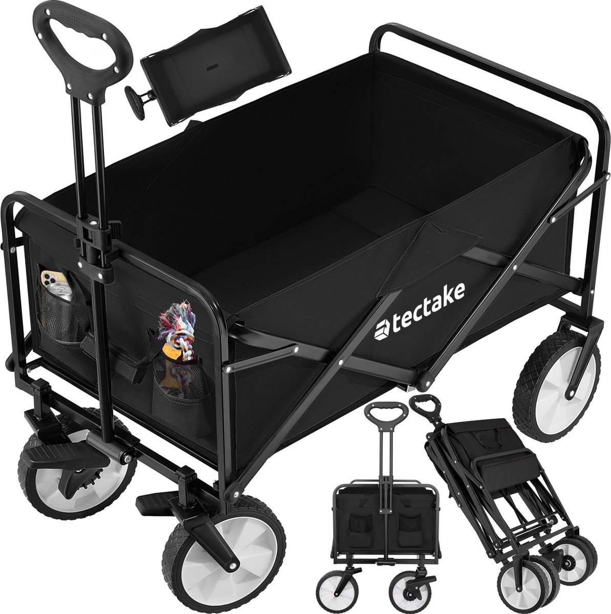 tectake® opvouwbare handkar - opvouwbare transportwagen - met tas - handkar om te trekken - brede rubberen banden - opvouwbare wagen voor transport - voor het strand in de tuin - draagvermogen tot 80kg - zwart