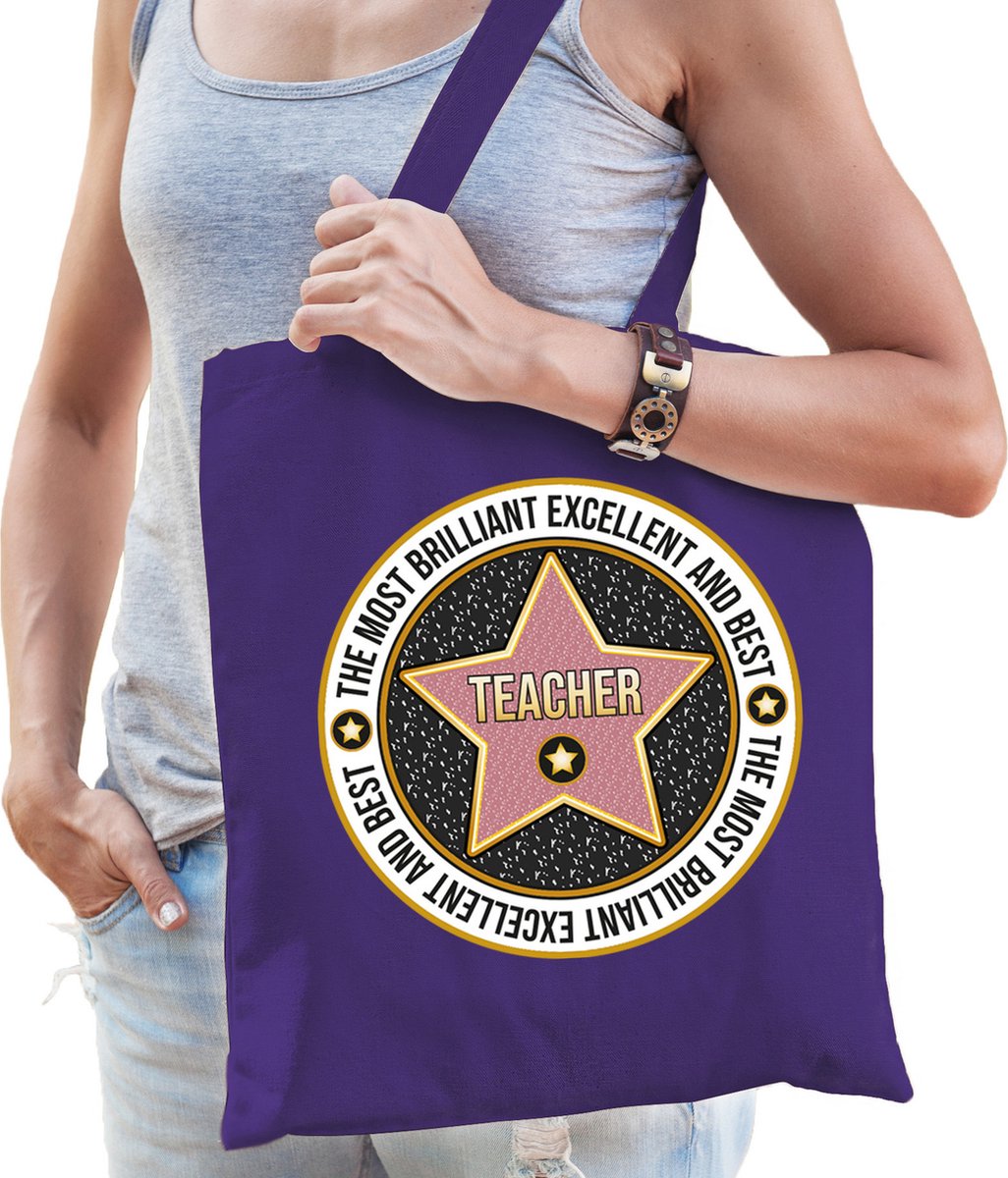 Bellatio Decorations Cadeau tas teacher/lerares - paars - katoen - 42 x 38 cm - verjaardag