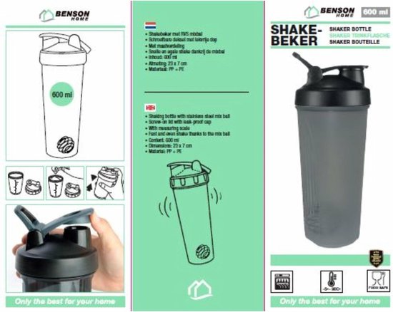 Grijze kunststof shaker van 600 ml met roestvrijstalen mixbal, lekvrije dop en maatstreepjes. Productinformatie in Nederlands en Engels.