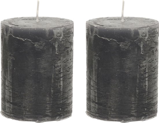 Stompkaars/cilinderkaars - 2x - antraciet - 7 x 9 cm - middel rustiek model