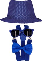 Carnaval verkleed set compleet - glitter hoedje/bretels/party bril/strikje - blauw - heren/dames - verkleedkleding