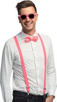Toppers in concert - Carnaval verkleed set compleet - glitter hoedje/bretels/party bril/strikje - fuchsia roze - heren/dames - verkleedkleding