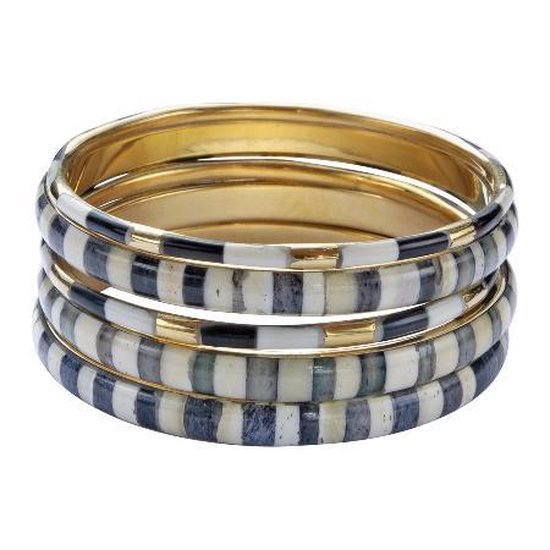 Behave Armbanden set - gestreepte bangles - grijs - wit - crème - goud kleur - 21.5cm