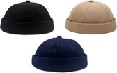 ASTRADAVI Docker Beanie Caps - Casquette de marin en coton - Chapeaux de Hip rétro pour femmes hommes - Bonnet de pêcheur unisexe. 3- Set Zwart, Bleu Marine, Kaki (3 Pièces)