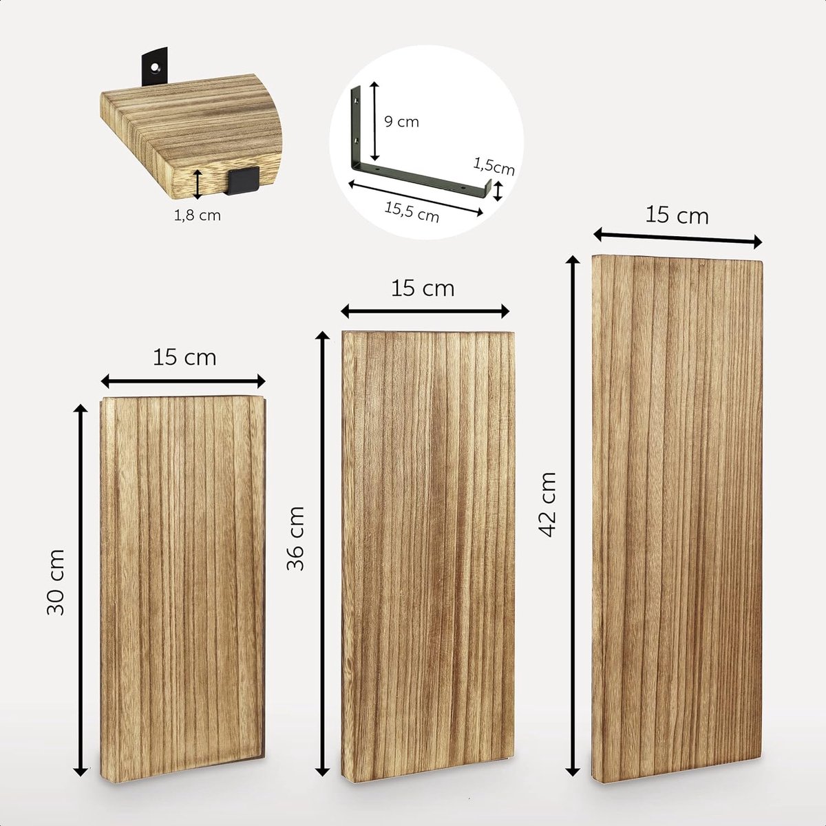 Wandplanken | Set van 3 Houten Zwevende Wandplanken met Plankendragers | 42, 36 en 30 CM * 15 CM | Muurplanken | Wandschappen | Hout | Wit