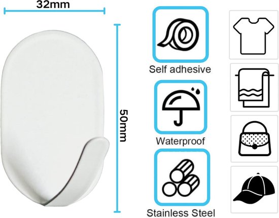 Set van 4 Zelfklevende Handdoekhaakjes RVS – Wit