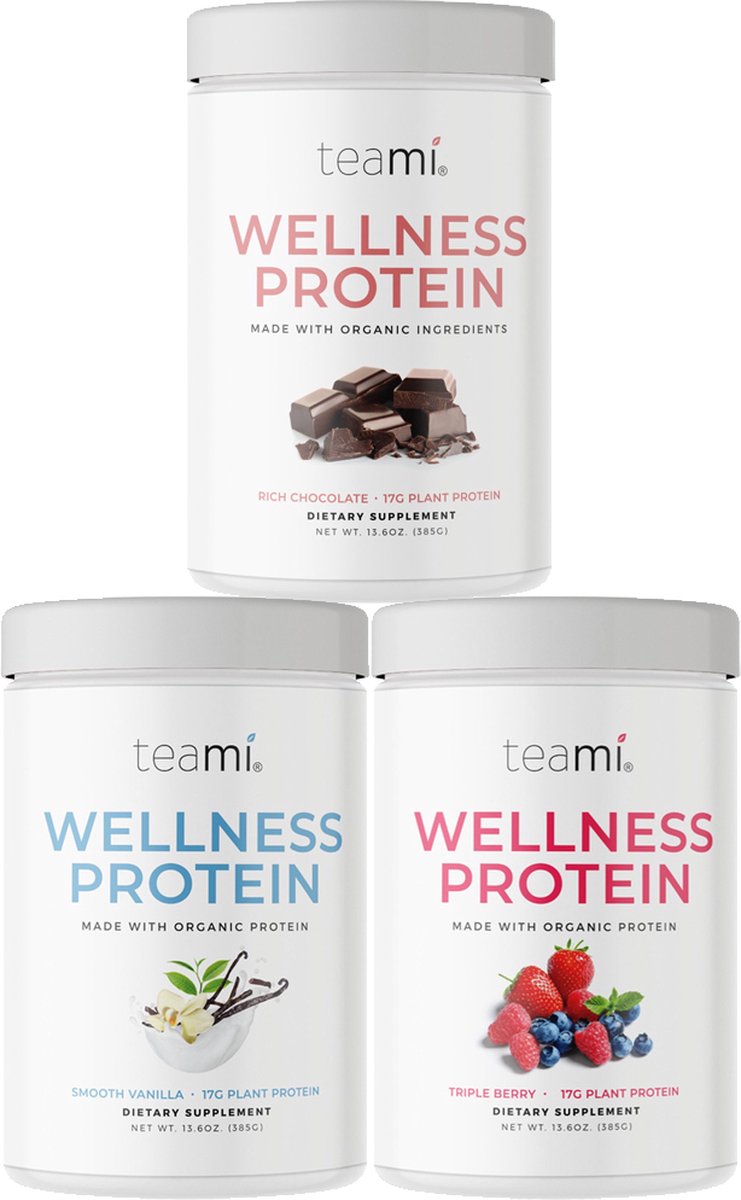 Teami Wellness Protein Shake Power Pack - Chocolate, Vanilla & Triple Berry - Biologische plantaardige eiwitshakes